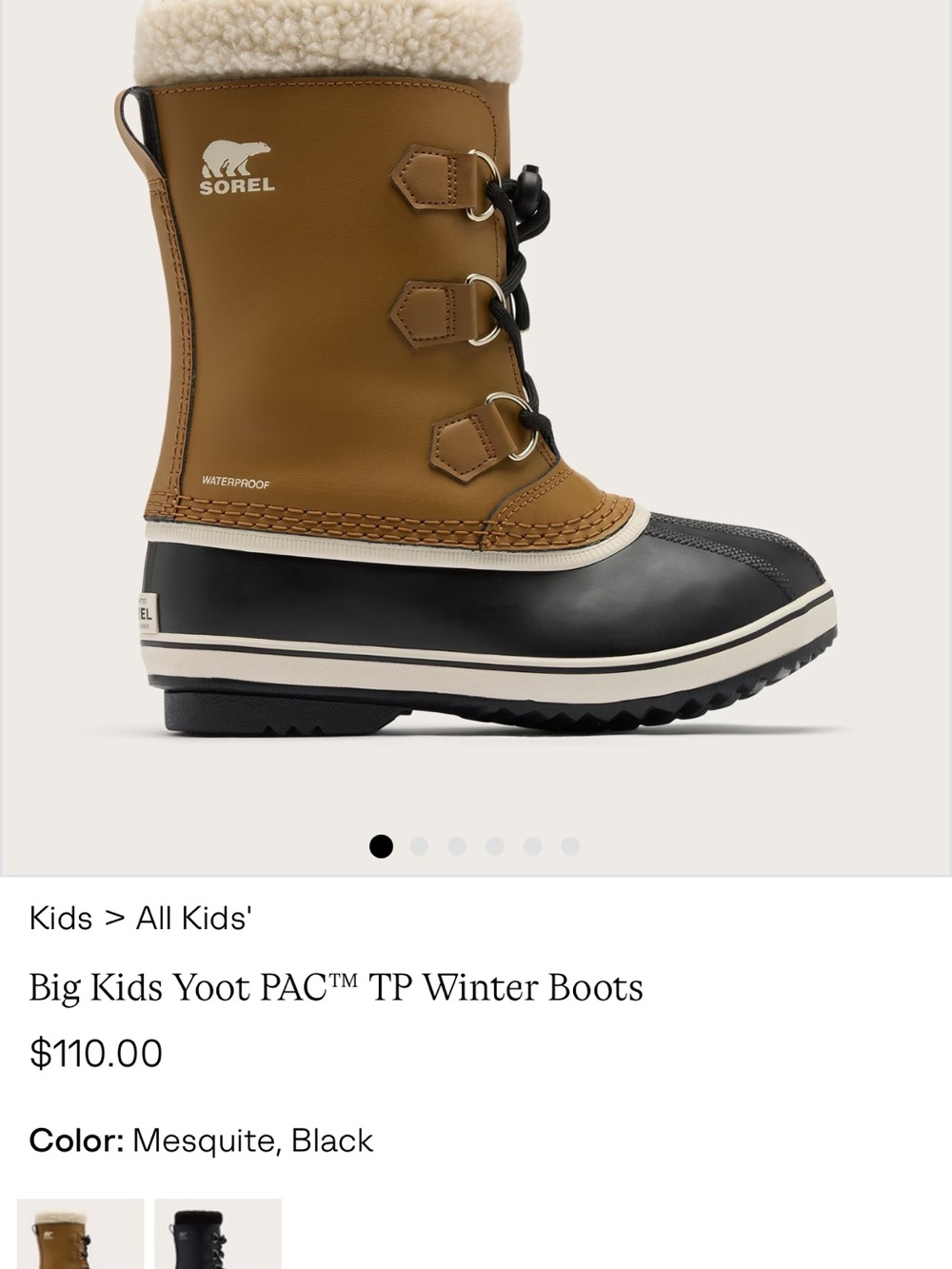 New Sorel Kids Yoot PAC™ TP Winter Boots in Mesquite and Black sz 4